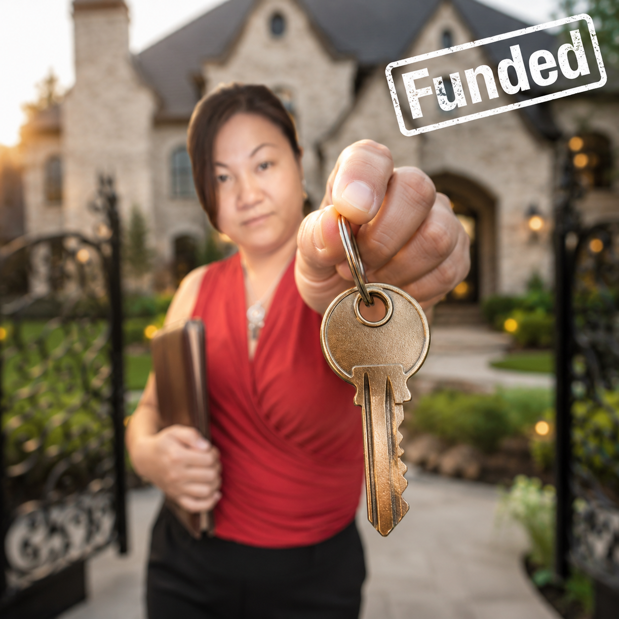 Kimberli Pham holding out a house key with a Funded stamp, in front of a Texas home